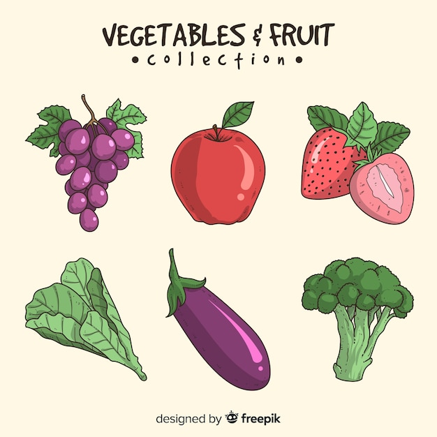 Gratis vector hand getrokken eenvoudige groenten en fruit-collectie