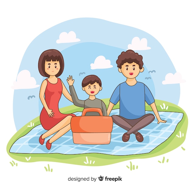 Hand getrokken familie die een picknickillustratie heeft