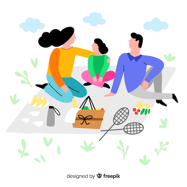 Gratis vector hand getrokken familie die een picknickillustratie heeft