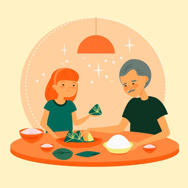 Gratis vector hand getrokken familie die en zongzi voorbereidt eet