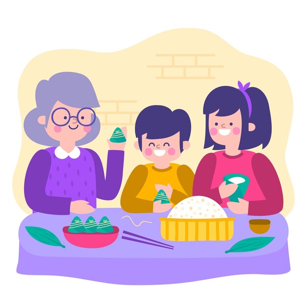 Hand getrokken familie die en zongzi voorbereidt eet