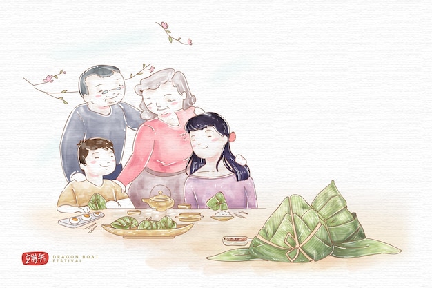 Gratis vector hand getrokken familie die en zongzi voorbereidt eet