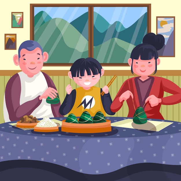 Gratis vector hand getrokken familie die zongzi eet