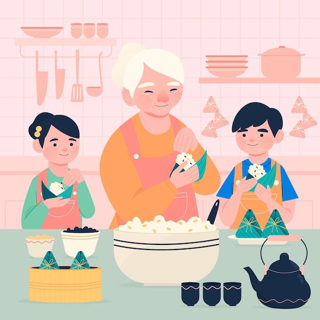 Gratis vector hand getrokken familie die zongzi voorbereidt