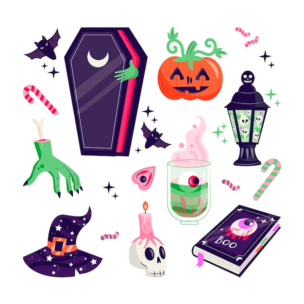 Gratis vector hand getrokken halloween-elementen instellen