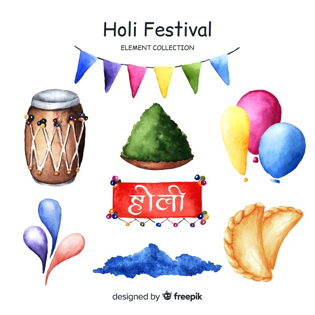 Gratis vector hand getrokken holi festival element collectie