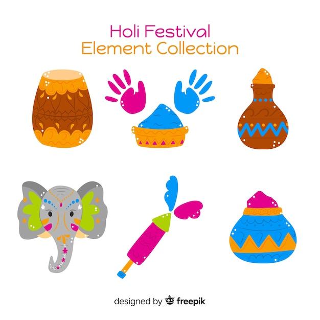 Hand getrokken holi festival element collectie