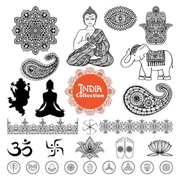 Gratis vector hand getrokken india elementen instellen