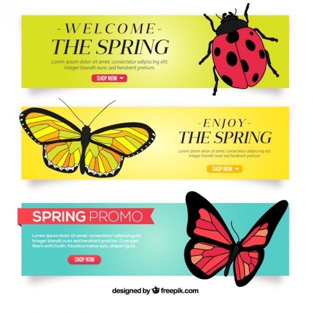 Gratis vector hand getrokken insecten lentebanners