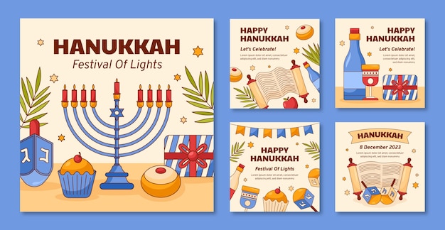 Hand getrokken instagram berichtencollectie voor joodse chanoeka-vakantie
