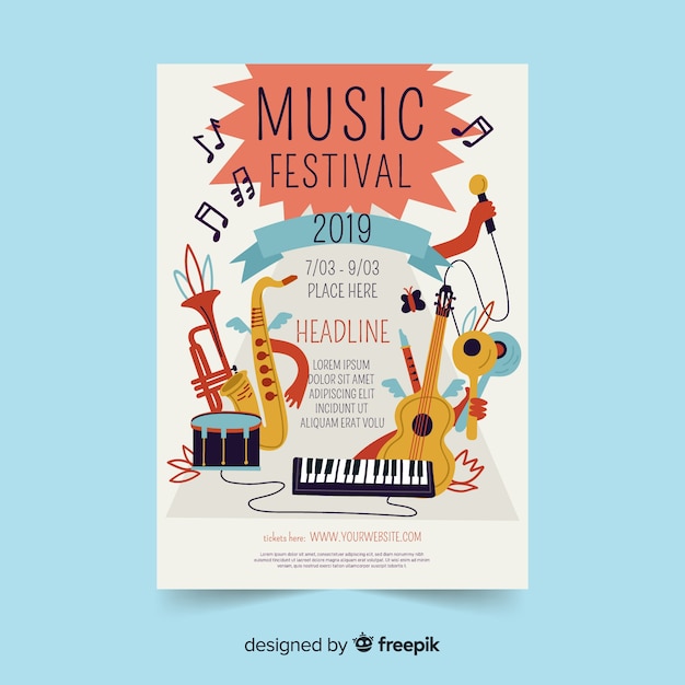 Gratis vector hand getrokken instrumenten muziekfestivalaffiche