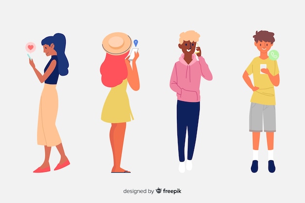 Gratis vector hand getrokken jonge mensen die smartphones houden