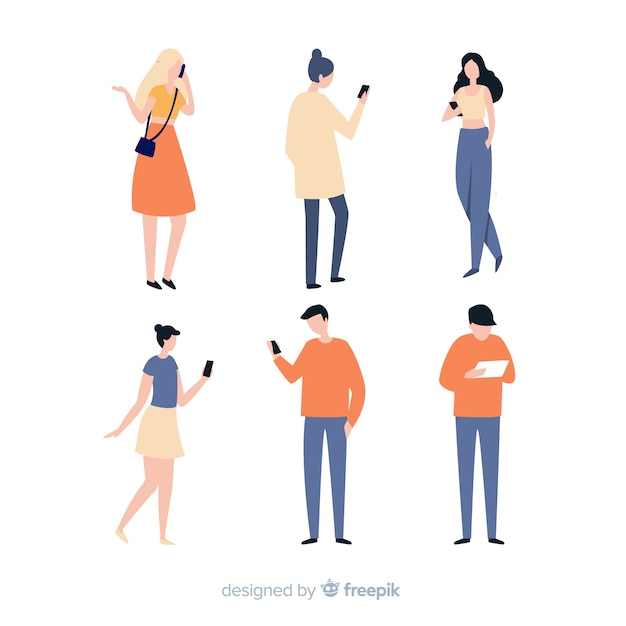 Gratis vector hand getrokken jongeren met behulp van smartphone set