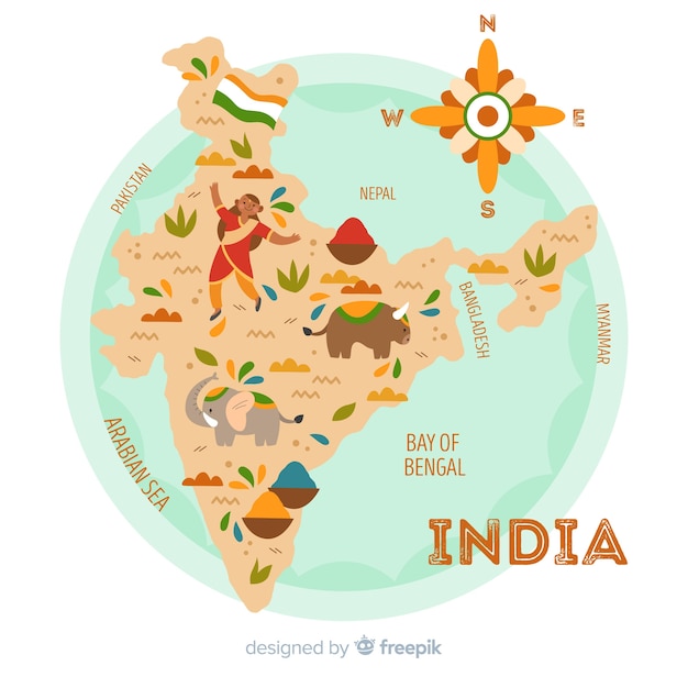 Gratis vector hand getrokken kaart van india