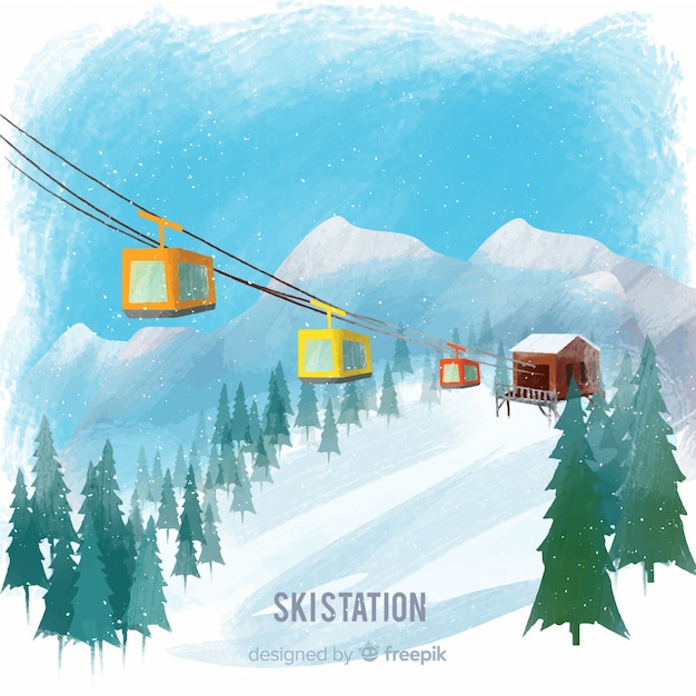 Gratis vector hand getrokken kabelbaan winterlandschap