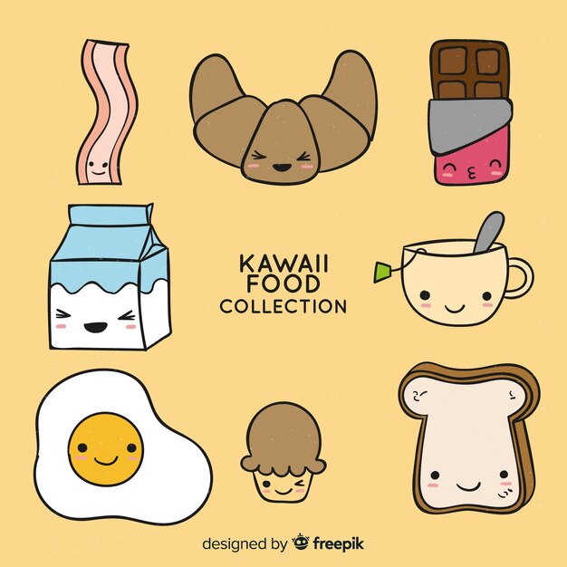 Hand getrokken kawaii ontbijt eten collectie