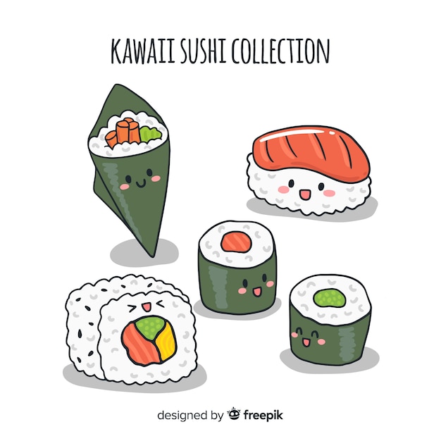 Gratis vector hand getrokken kawaii sushi-collectie