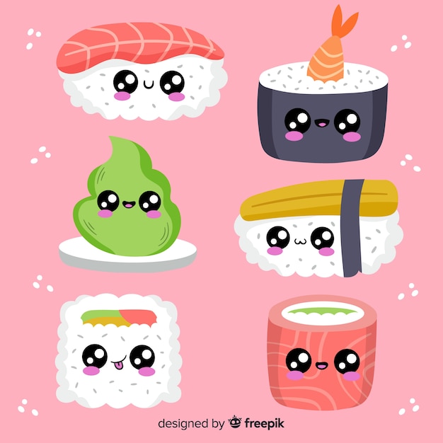 Gratis vector hand getrokken kawaii sushi pack