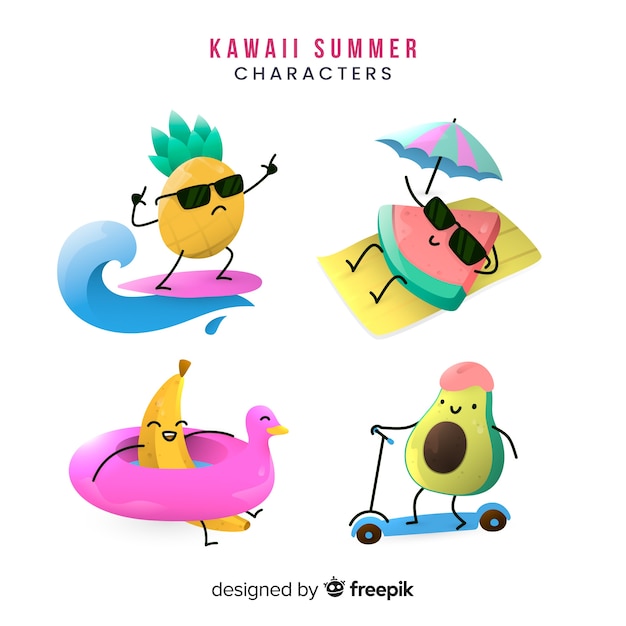 Gratis vector hand getrokken kawaii zomer tekens collectie