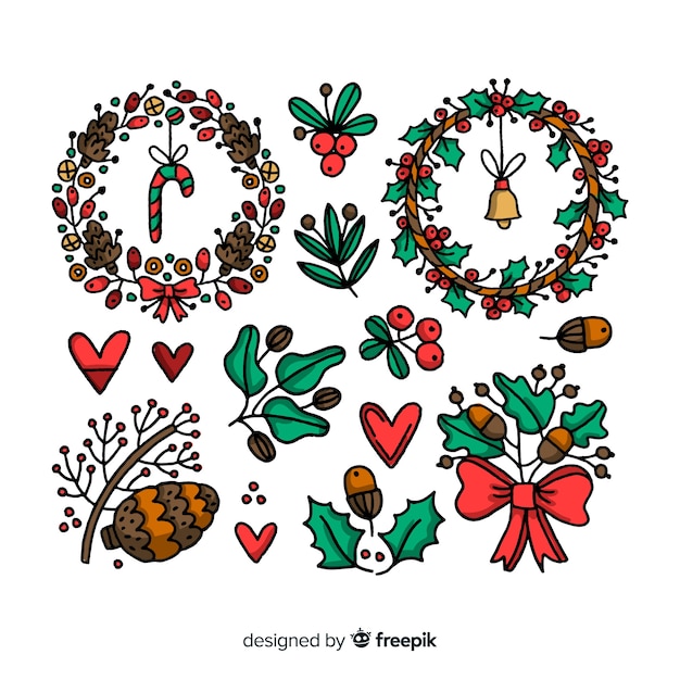 Gratis vector hand getrokken kerst bloem en krans collectie