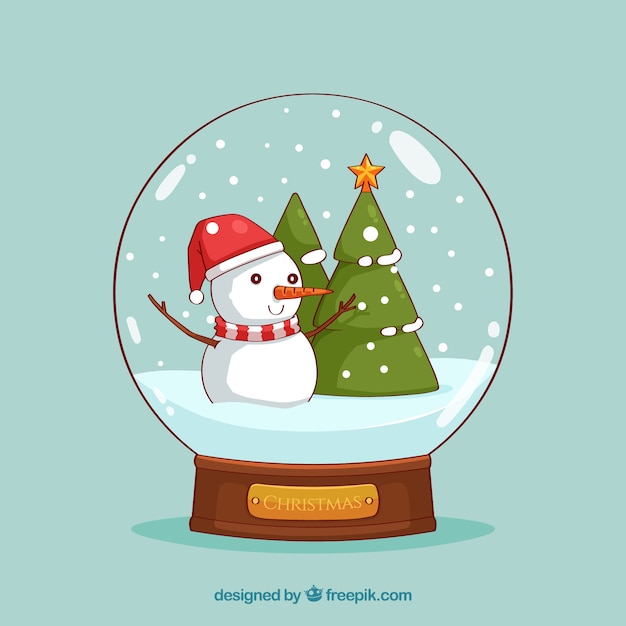 Gratis vector hand getrokken kerstmis snowglobe van sneeuwpop