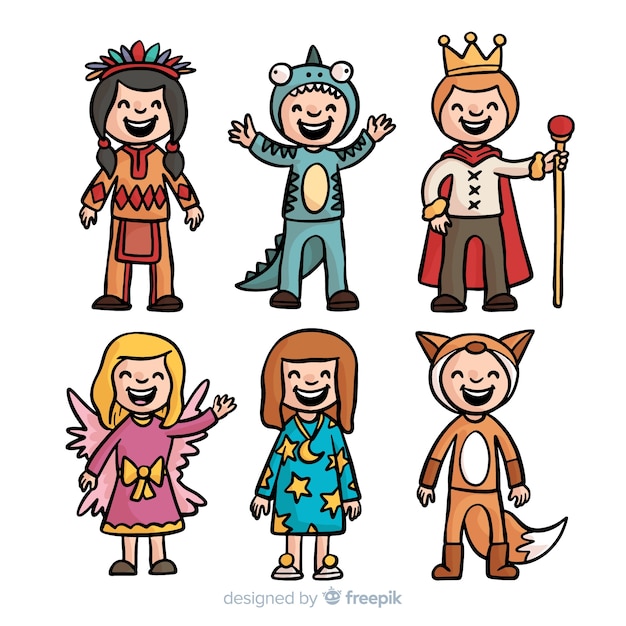 Gratis vector hand getrokken kinderen carnaval kostuum collectie