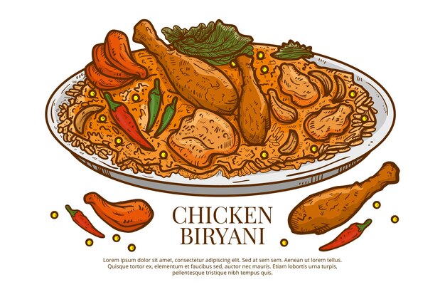 Hand getrokken kip biryani