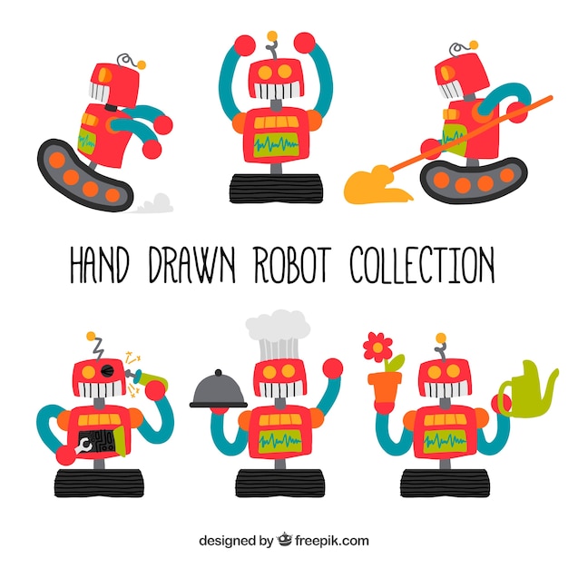 Gratis vector hand getrokken kleurrijke robots-collectie