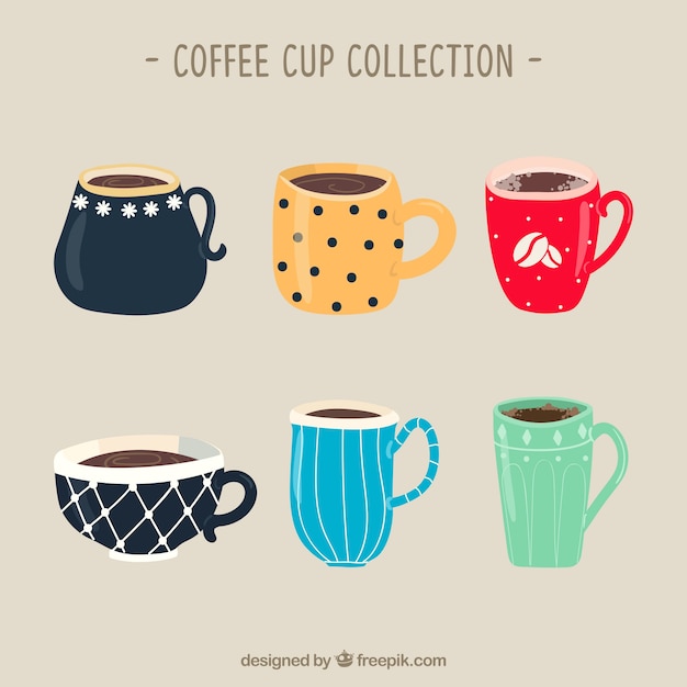 Hand getrokken koffiekopje collectie in verschillende kleuren