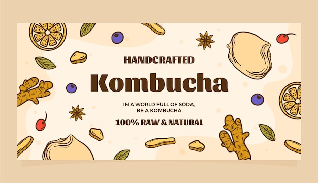 Gratis vector hand getrokken kombucha horizontale banner