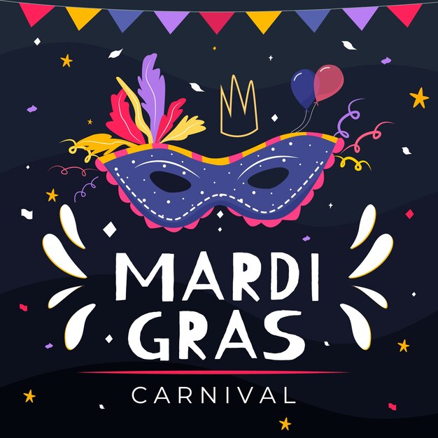 Hand getrokken mardi gras met masker en slingers