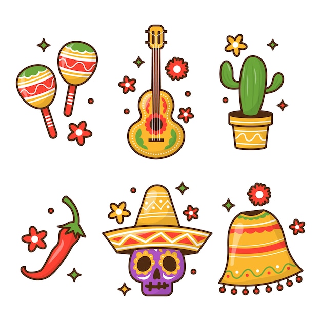 Gratis vector hand getrokken mexicaanse elementenset