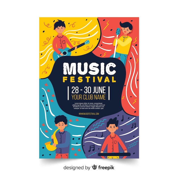 Gratis vector hand getrokken muziek festival poster sjabloon