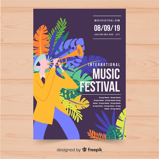 Gratis vector hand getrokken muziek festival poster sjabloon