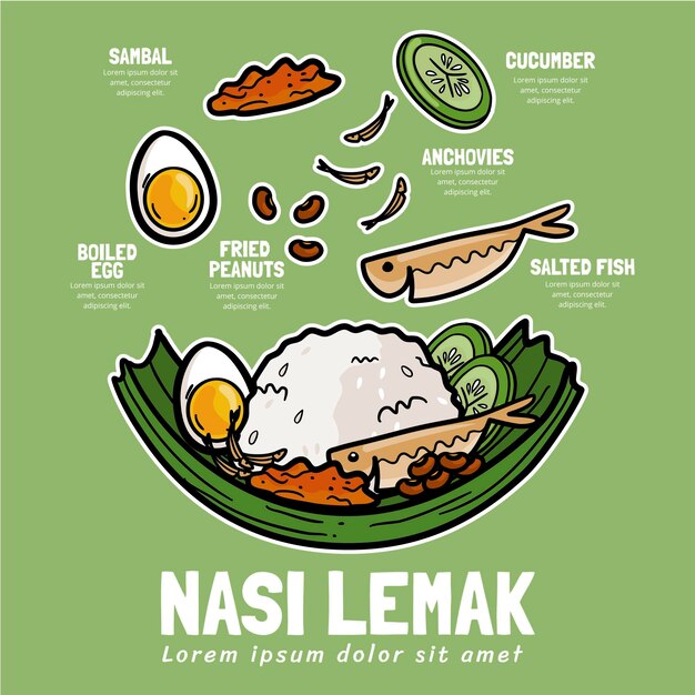 Hand getrokken nasi lemak geïllustreerd