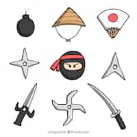 Gratis vector hand getrokken ninja element collectie