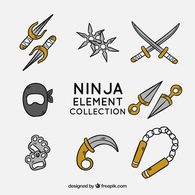 Gratis vector hand getrokken ninja element collectie