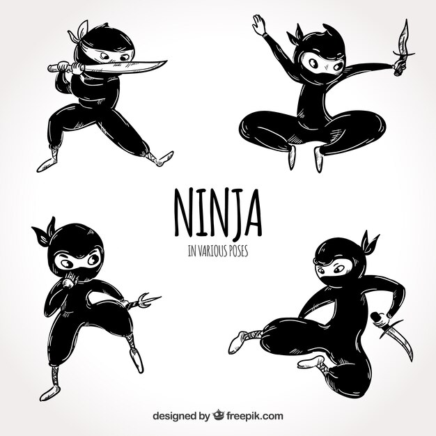 Hand getrokken Ninja krijger in verschillende poses