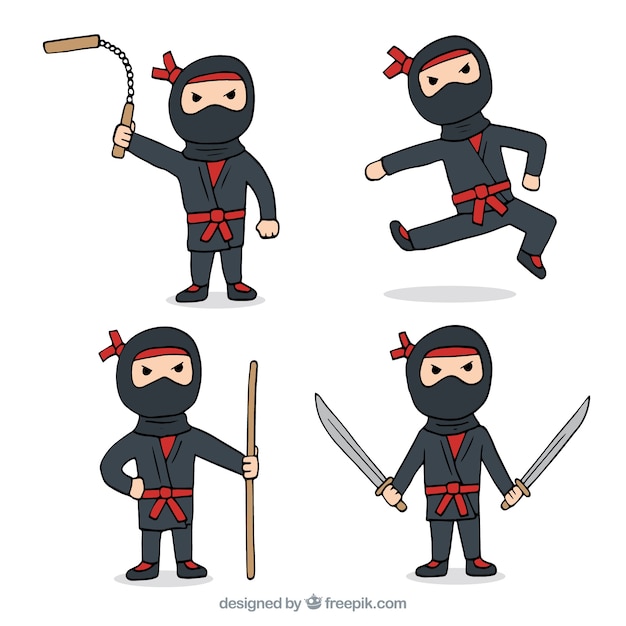 Gratis vector hand getrokken ninjakarakter in verschillende poses