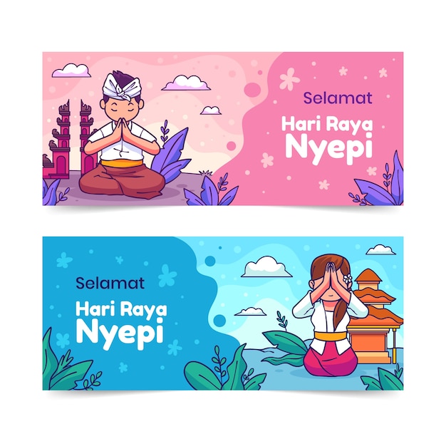 Hand getrokken nyepi horizontale banners set