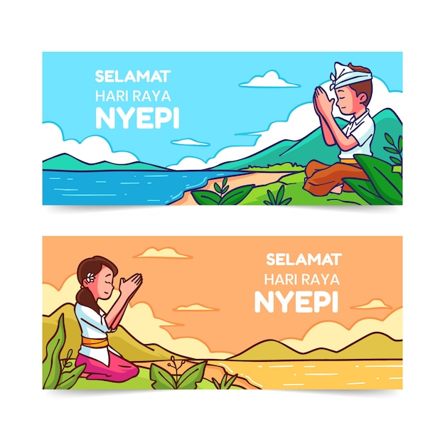 Hand getrokken nyepi horizontale banners set