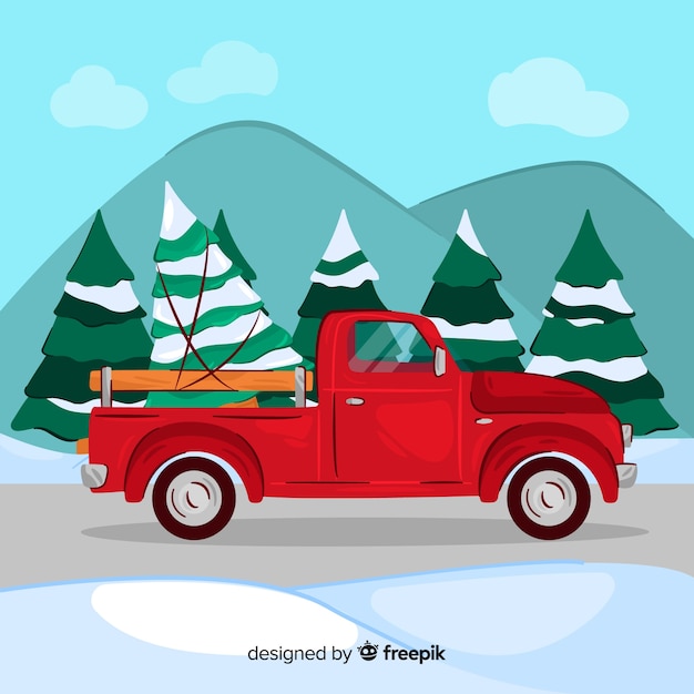 Gratis vector hand getrokken pick-up met kerstboom