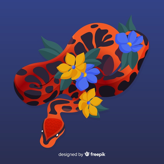 Gratis vector hand getrokken python met bloemen achtergrond