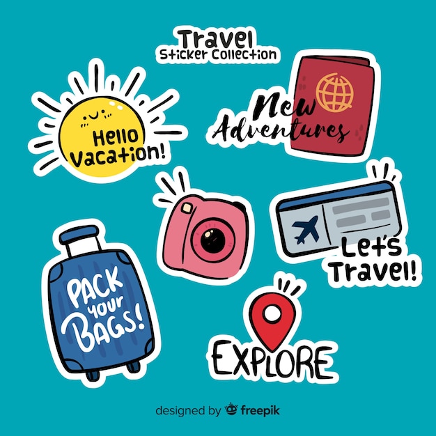 Gratis vector hand getrokken reizen sticker collectie