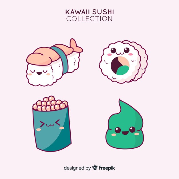 Gratis vector hand getrokken schattige sushi-collectie