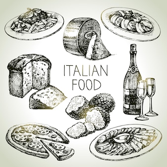 Hand getrokken schets italiaans eten set. vectorillustratie
