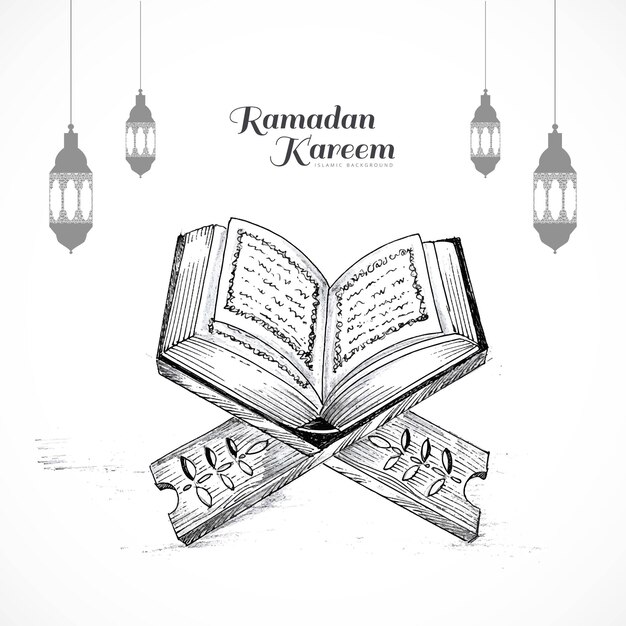 Hand getrokken schets van het heilige boek van de koran op de stand ramadan kareem design