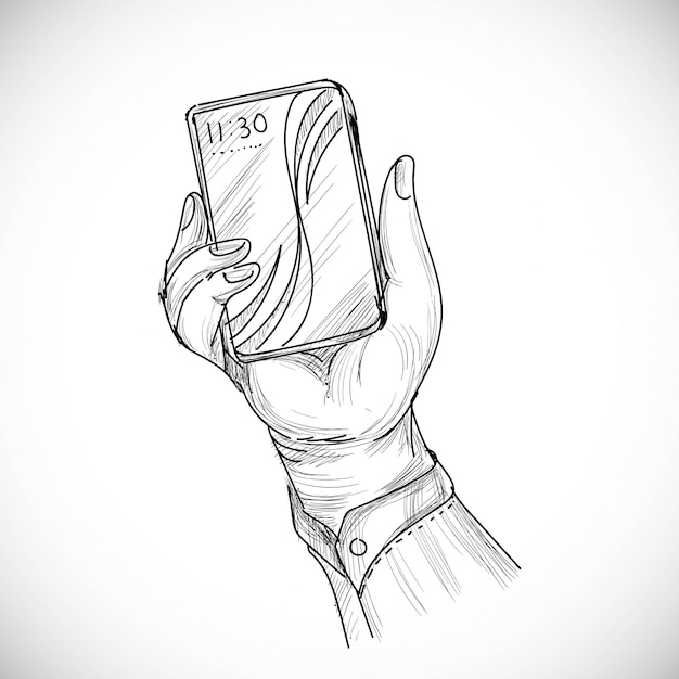 Hand getrokken schets van menselijke rechterhand met behulp van of slimme mobiele telefoon