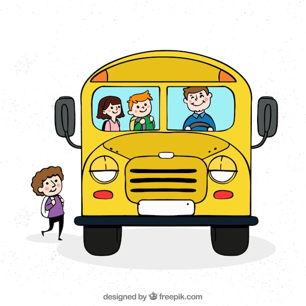 Gratis vector hand getrokken schoolbus met kinderen