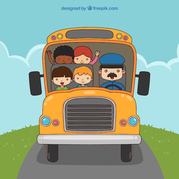 Gratis vector hand getrokken schoolbus met kinderen